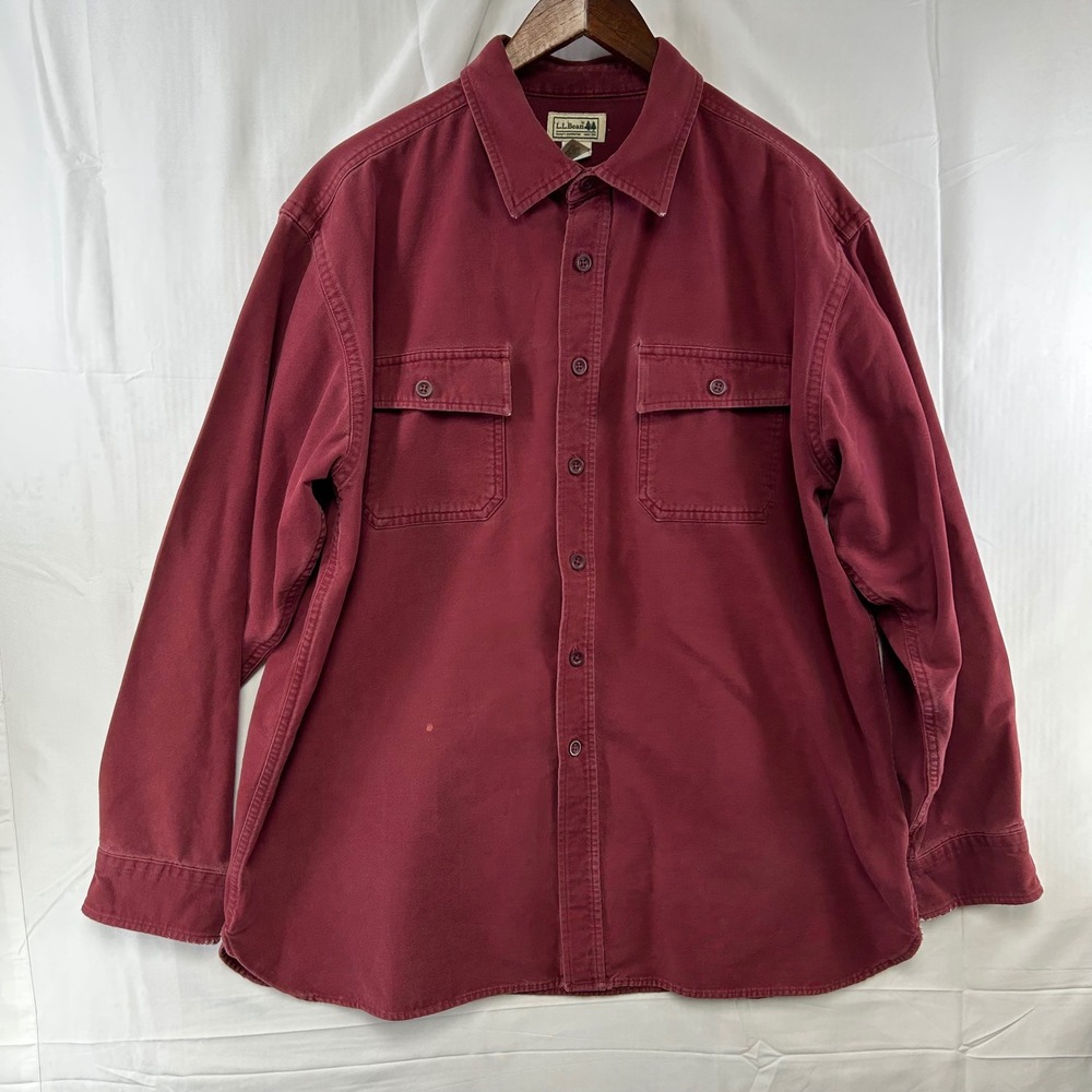 L.L. Bean Canvas Shirt Mens XL Regular Burgundy Long Sleeve Workwear Distressed